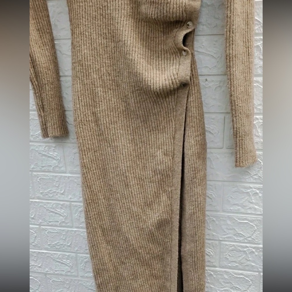 ASTR Ribbed Hi Slit Button Ruched
Sweater Dress Tan - Picture 3 of 10